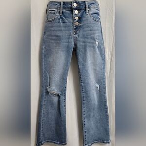 Risen Mid Rise Button Fly Cropped Flare Jeans